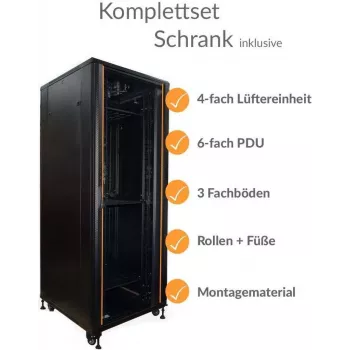 IT-BUDGET armoire réseau 19 pouces SRK - kit complet - 42HE - largeur 800 mm, profondeur 800 mm - porte verre/acier - 4 ventilateurs actifs - PDU - tiroirs - préassemblée - noir (99ITB19SRK4288GSM)