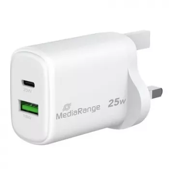 MediaRange Chargeur rapide GaN 25W prise UK, 1x USB-C & 1x USB-A, PD & QC, blanc (MRMA112-UK)