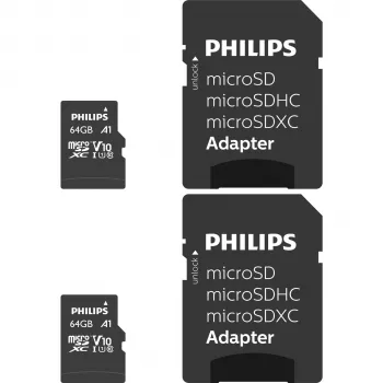 Carte MicroSDXC 64 Go Class 10 UHS-I U1 lot de 2 avec adaptateur Philips
