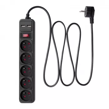 Akyga AK-SP-05U multiprise avec protection contre les surtensions, 5x prises CEE 7/5 (type E), 2x USB-A, 1,8 m, noir