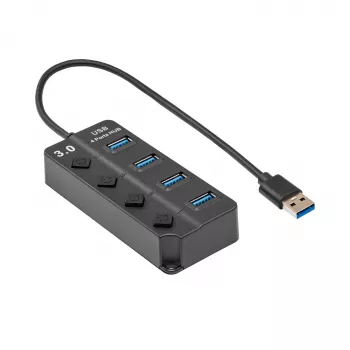 Akyga AK-AD-33 hub USB 3.0 actif, 4 ports avec interrupteurs individuels, 15 cm, noir