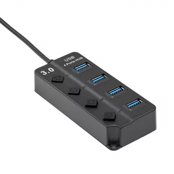 Akyga AK-AD-33 hub USB 3.0 actif, 4 ports avec interrupteurs individuels, 15 cm, noir