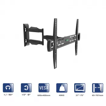 Support mural TV orientable Akyga AK-MB-11, 37-75 pouces, 40 kg, VESA 600x400, rotation ±90°, noir