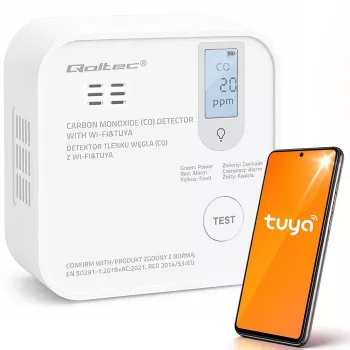 Qoltec Détecteur de monoxyde de carbone (CO) sans fil certifié avec pile, détecteur CO, TUYA, Wi-Fi, durée de vie du capteur 10 ans, alarme 85 dB, LED