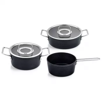Ensemble de casseroles Fissler Adamant, 3 pièces : casserole 20 cm, faitout 24 cm et casserole à manche 18 cm, avec couvercles en verre (156-115-03-000/0)