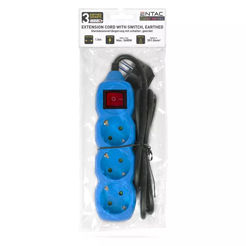 ENTAC multiprise 3 prises 1,5m interrupteur bleu