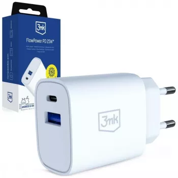 Chargeur 3MK 25W USB-A USB-C PD QC4+ FlowPower blanc