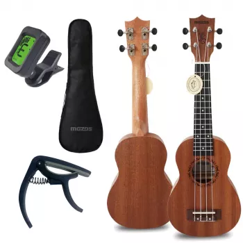 Ensemble ukulélé soprano MOZOS GECKO - bois naturel, 12 frettes, cordes en nylon, avec housse, accordeur, médiators, sangle, cordes de rechange, chiffon de nettoyage