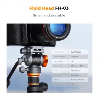 Tête vidéo fluide K&F Concept FH-03, charge 5 kg, Arca-Swiss, 1/4 inch-20 et 3/8 inch-16, noire