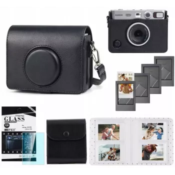 Kit 5 en 1 LOVEINSTANT : étui + verre trempé + album 64 pochettes + pochette photo + cadres pour Fuji Instax Mini Evo / Noir