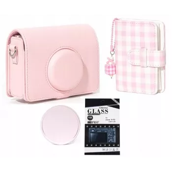 Kit 4 en 1 LOVEINSTANT avec coque, album photo, protection d'écran LCD et cache-objectif pour Fujifilm Instax Mini Evo - rose
