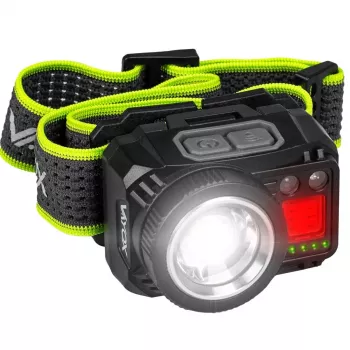 VAYOX VA0098 Lampe frontale rechargeable, 500 lm, zoom, capteur de mouvement, alimentation hybride (1200 mAh / AAA)
