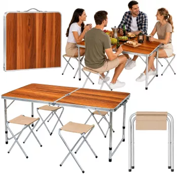 Ensemble de mobilier de camping LEAN - table pliante et 4 tabourets dans une valise en bois