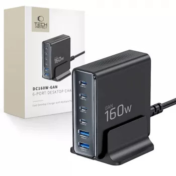 Chargeur de bureau TECH-PROTECT DC160W-GAN 6 ports PD 160W / QC3.0, noir