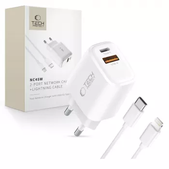 TECH-PROTECT NCA45W-GAN Chargeur réseau 2 ports PD 45W / QC3.0 + câble Lightning blanc
