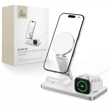 TECH-PROTECT QI15W-A47 Chargeur sans fil magnétique MagSafe 3 en 1 blanc