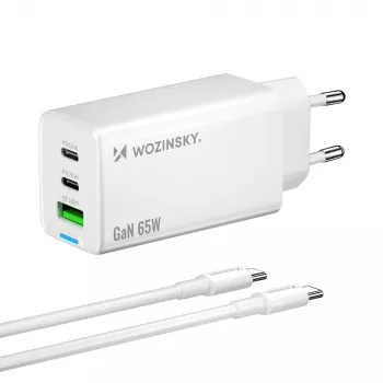 Wozinsky Chargeur GaN 65W avec ports USB-A et 2x USB-C et câble USB-C 65W - Blanc
