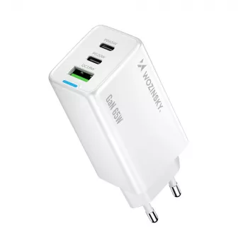 Wozinsky Chargeur GaN 65W avec ports USB-A et 2x USB-C et câble USB-C 65W - Blanc
