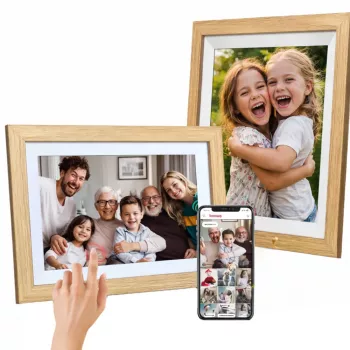 Cadre photo numérique WOZINSKY WRC-32 10,1 pouces avec application Frameo, 32 Go, brun clair