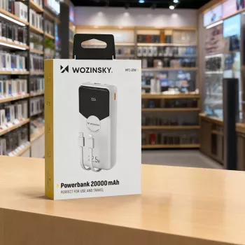 Powerbank Wozinsky WFC-15W 20000mAh 22.5W PD20W avec câbles Lightning et USB-C intégrés - Blanc