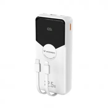 Powerbank Wozinsky WFC-15W 20000mAh 22.5W PD20W avec câbles Lightning et USB-C intégrés - Blanc