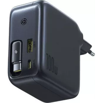 Chargeur mural Baseus EnerCore CJ11 100 W GaN avec câble USB-C rétractable, 2 ports USB-C et 1 port USB-A, noir