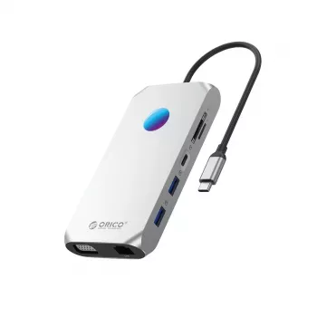 Station d'accueil USB-C ORICO XCR 12-en-1 avec RGB, 3x USB-A 3.1, 1x USB-A 2.0, 1x USB-C PD 100W, 1x USB-C 3.1, 1x HDMI 1.4 4K 30Hz, 1x VGA 1080p, 1x microSD/SD 3.0, 1x RJ45 Gigabit Ethernet, 1x Audio CTIA 3.5mm - Argent