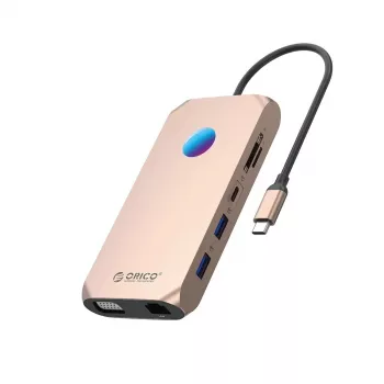 Station d'accueil USB-C ORICO XCR 12w1 RGB, 12-en-1, 3x USB-A 3.1, 1x USB-A 2.0, 1x USB-C PD 100W, 1x USB-C 3.1, 1x HDMI 1.4 4K 30Hz, 1x VGA 1080p, 1x microSD/SD 3.0, 1x RJ45 Gigabit Ethernet, 1x Audio CTIA 3.5mm, Or rose