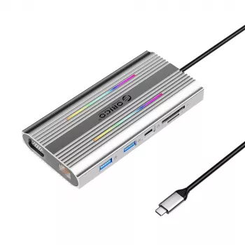 Station d'accueil USB-C ORICO XDR 12-en-1 avec RGB, 2x HDMI 4K 60Hz, VGA, RJ45 Gigabit, lecteur de cartes SD/microSD, PD 100W, gris