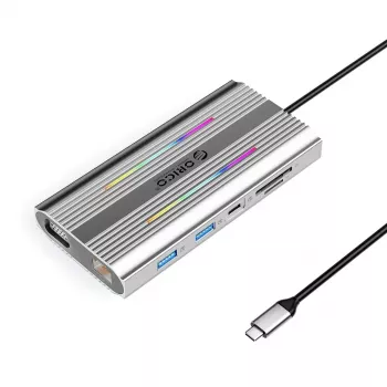 Station d'accueil USB-C ORICO XCR 12-en-1 avec RGB, 3x USB-A, USB-C PD 100W, HDMI 4K, VGA, RJ45 Gigabit, lecteur de cartes SD/microSD - Argent