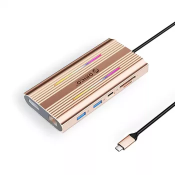 Station d'accueil USB-C ORICO XDR 12-en-1 avec RGB, 2x HDMI 4K 60Hz, DisplayPort 4K 60Hz, Gigabit Ethernet, PD 100W, lecteur de cartes SD/microSD - Or rose