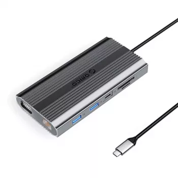 Station d'accueil USB-C ORICO XDR 12-en-1 avec USB-A, USB-C PD 100W, HDMI 4K, VGA, RJ45 Gigabit, lecteur de cartes SD et microSD - Gris