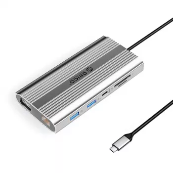 Station d'accueil USB-C ORICO XDR 12-en-1 avec HDMI 4K, VGA, Gigabit Ethernet, PD 100W, lecteur de cartes SD/microSD - Argent