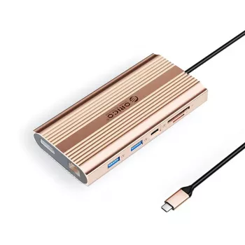 Station d'accueil USB-C ORICO XDR 12-en-1 avec 2x HDMI 4K 60Hz, DisplayPort 4K 60Hz, Gigabit Ethernet, PD 100W, lecteur de cartes SD/microSD - Or rose