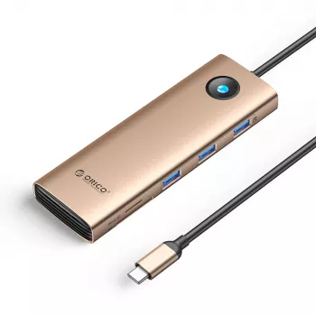 Station d'accueil USB-C ORICO PW11 9-en-1, 3x USB-A 3.0, 1x USB-C PD 100W, 1x HDMI 4K 60Hz, 1x VGA 1080P 60Hz, 1x microSD/SD, 1x RJ45 Gigabit Ethernet - Or rose