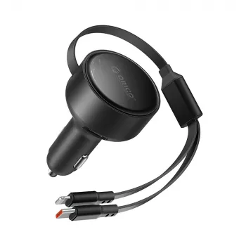 Chargeur de voiture ORICO Dual Stretch 60 W USB-C avec deux câbles rétractables USB-C + Lightning - noir
