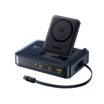 Baseus Nomos NH21 Qi2 Station de charge sans fil 160W 5-en-1 avec câble rétractable - noir