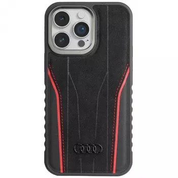 Coque rigide MagSafe en cuir véritable Audi pour iPhone 15 Pro 6,1 noir-rouge AU-TPUPCMIP15P-R8/D3-RD