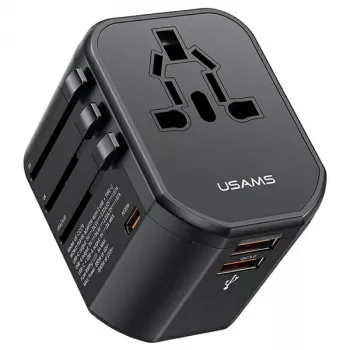 USAMS T59 20W Universal Travel Charger with 2 USB-A and 1 USB-C Ports, Black, Interchangeable Plugs US/AU/EU/UK
