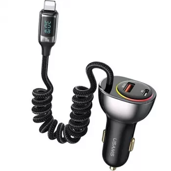 USAMS C37 Car Charger 60W 1xUSB-A + 1xUSB-C PD+QC Fast Charge with Lightning Cable 30W Black CC193CC01 (US-CC193)