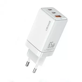 USAMS Sandru Series CC180TC02 GaN 65W USB-C Charger (White) - 2xUSB-C + 1xUSB-A, PD3.0 & QC3.0 Fast Charging, EU Plug