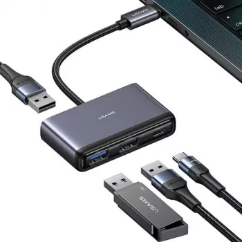 Adaptateur hub USB-C USAMS 4-en-1 2x USB 2.0 / USB 3.0 / USB-C gris foncé SJ627HUB01 (US-SJ627)