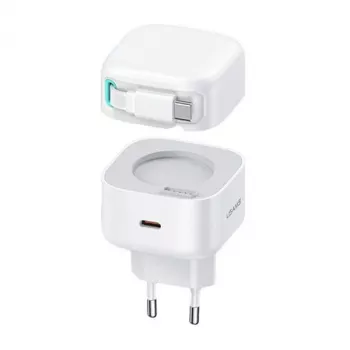 USAMS XMF Series CC202TC02 35W GaN USB-C Wall Charger with Retractable USB-C Cable, PD+QC, White