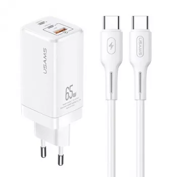 Chargeur USB-C USAMS GaN 65W MTXLOGTC02 blanc avec câble USB-C 100W