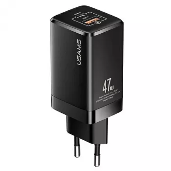 Chargeur rapide USAMS T41 GaN 47W USB-C+USB-A prise EU noir