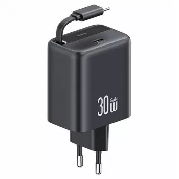 Chargeur mural USAMS YC Series CC241TC01 30W GaN USB-C avec câble USB-C rétractable, charge rapide PD+QC, noir