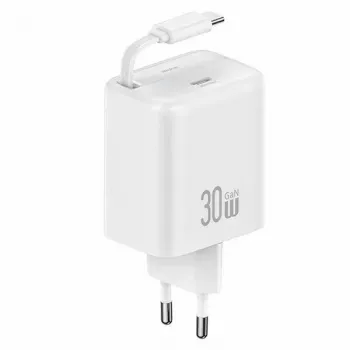 Chargeur mural USAMS YC Series CC241TC02 30W GaN USB-C avec câble USB-C rétractable, charge rapide PD+QC, blanc