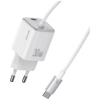 Chargeur rapide mini GaN USAMS JC Series CC264 30W, USB-C avec câble USB-C intégré, blanc