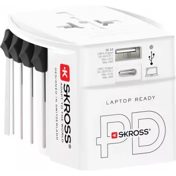 SKROSS MUV USB AC30PD Adaptateur de voyage mondial avec chargeur USB, blanc