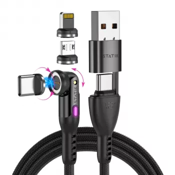 Câble 6-en-1 rotatif tressé STATIK 360Pro avec 3 embouts magnétiques noir 2 m